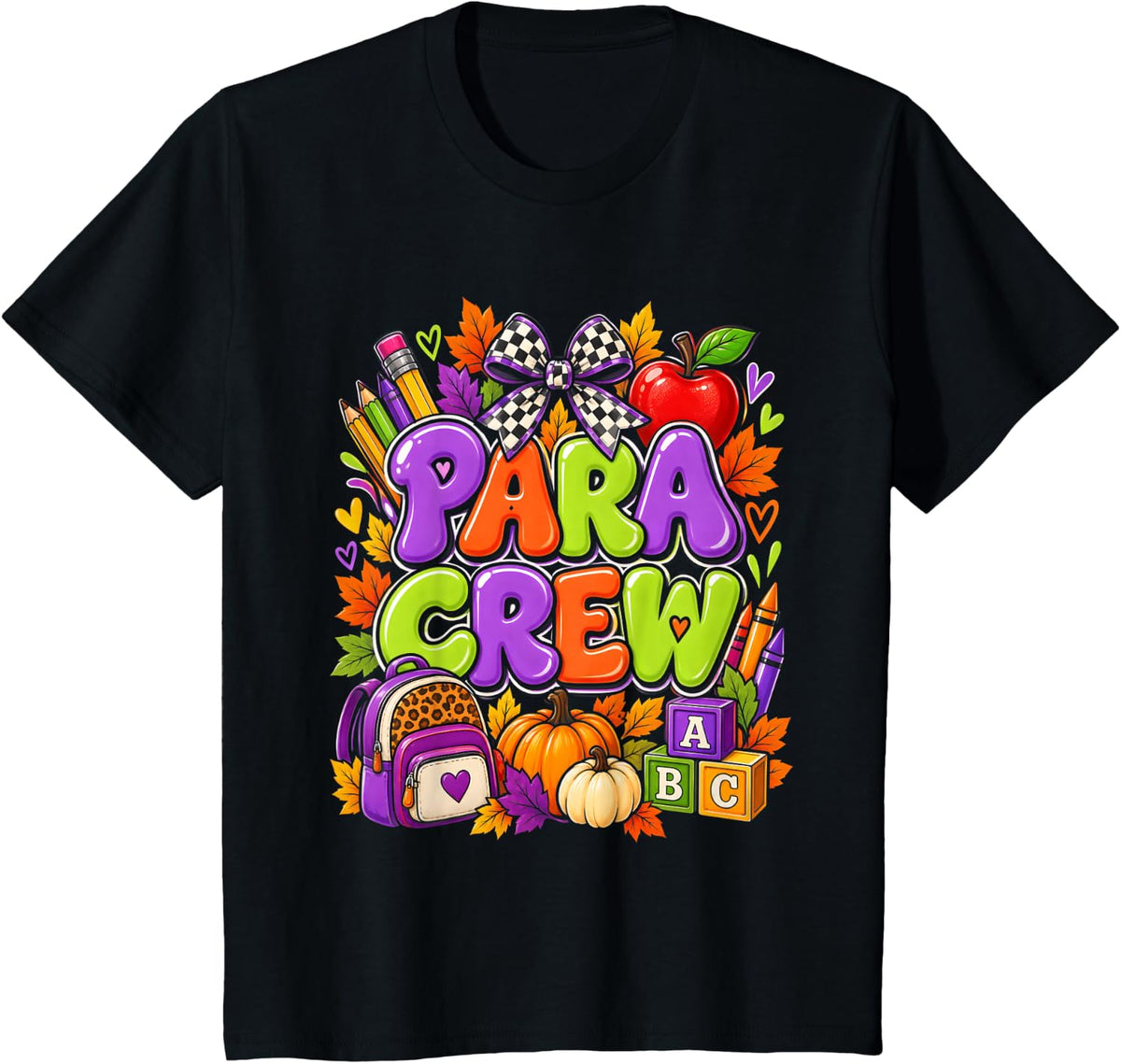 para Crew Fall Paraprofessional Teacher Aide Autumn Schools T-Shirt - Black