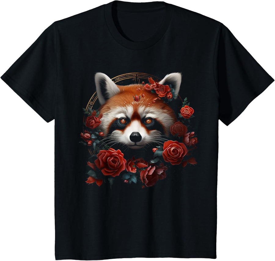 Red Panda Flower Artwork | Animal Rose Motif Red Panda T-Shirt - Black
