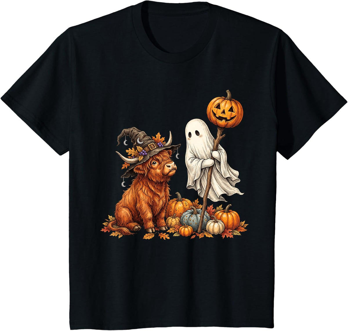 Highland Cow Ghost Fall Autumn Pumpkin Spooky Halloween T-Shirt - Black