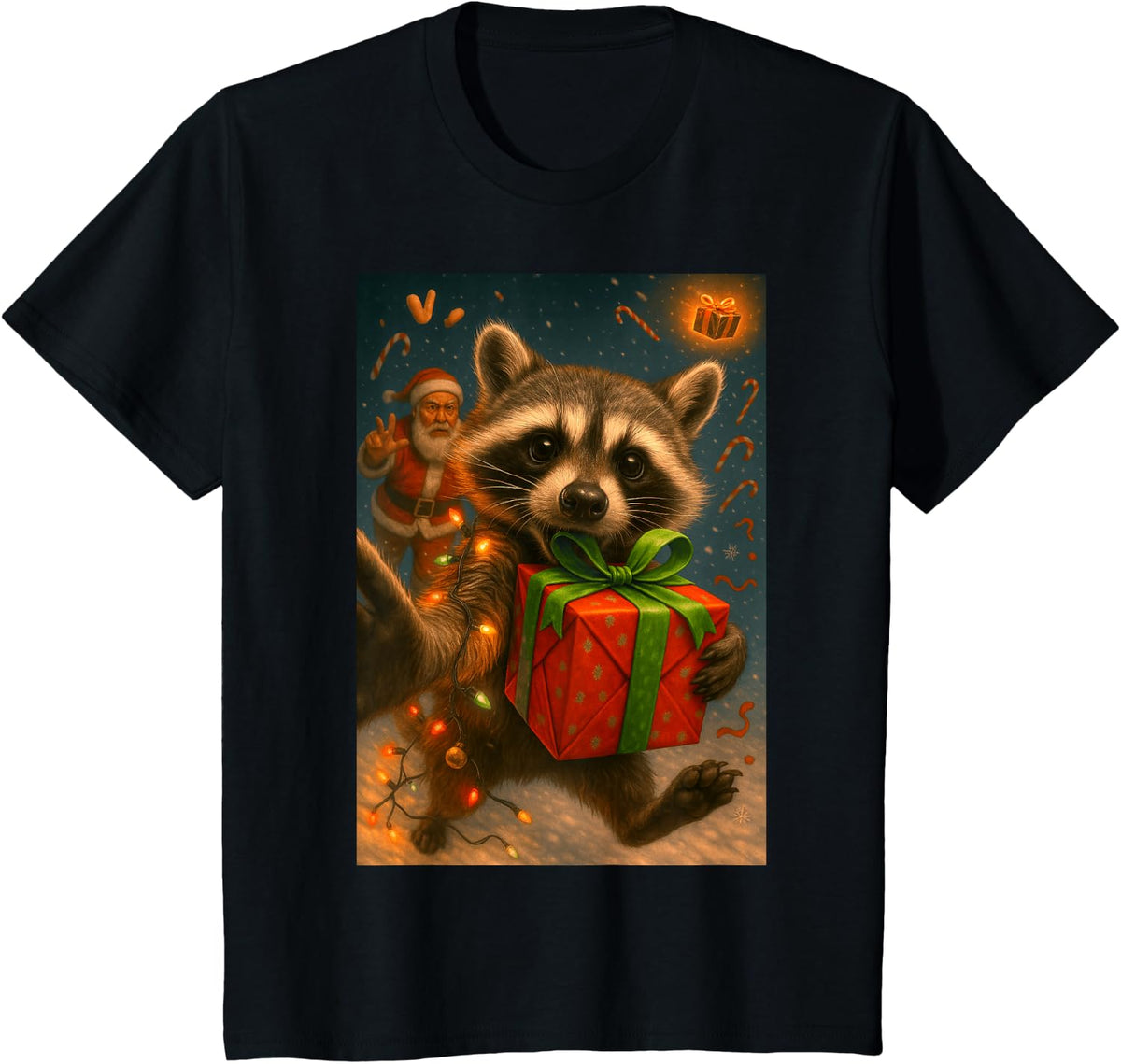Funny Christmas Shirts - Raccoon Selfie & Santa T-Shirt - Black