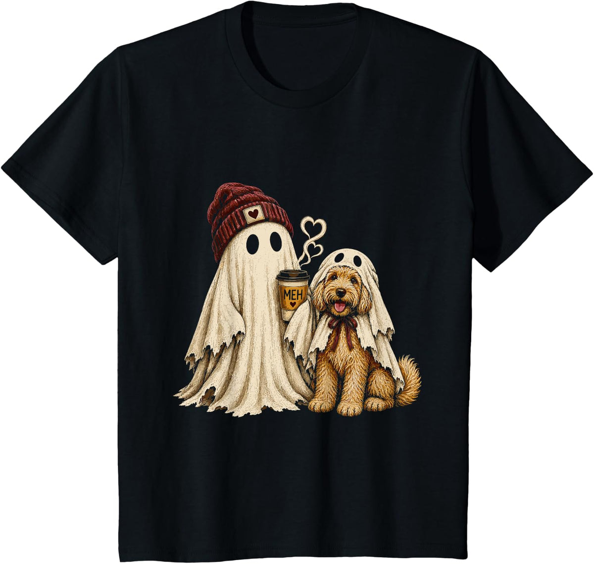 Ghost Coffee Golden Doodle Dog Halloween Costume Cavapoo T-Shirt - Black