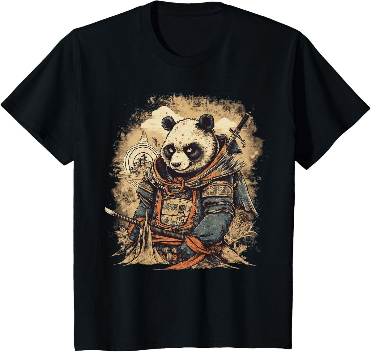 Retro Japanese culture graphic lover Samurai Panda art T-Shirt - Black