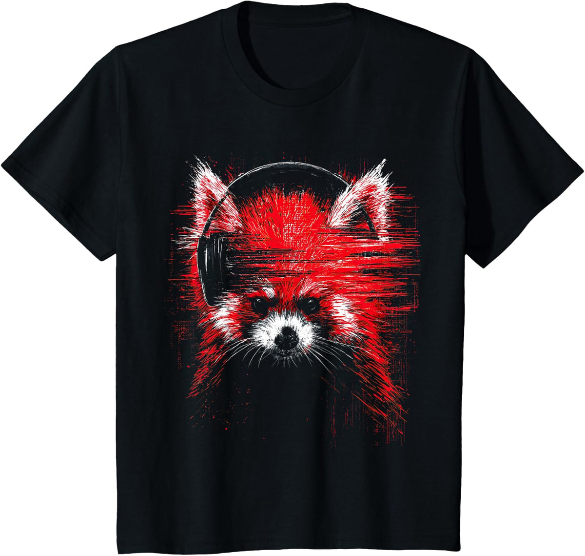 Headphones Red Panda Design Art Animal T-Shirt - Black