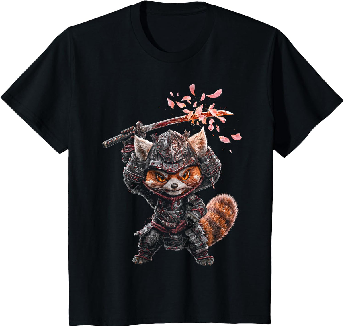 Samurai Red Panda Animal Japanese Motif Design T-Shirt - Black