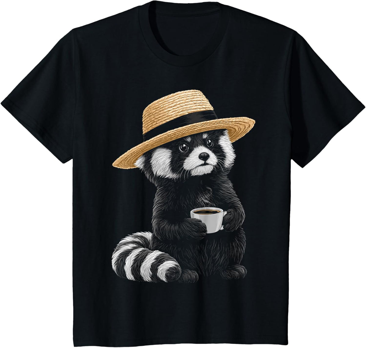 Funny Coffee Hat Design Art Cute Red Panda T-Shirt - Black