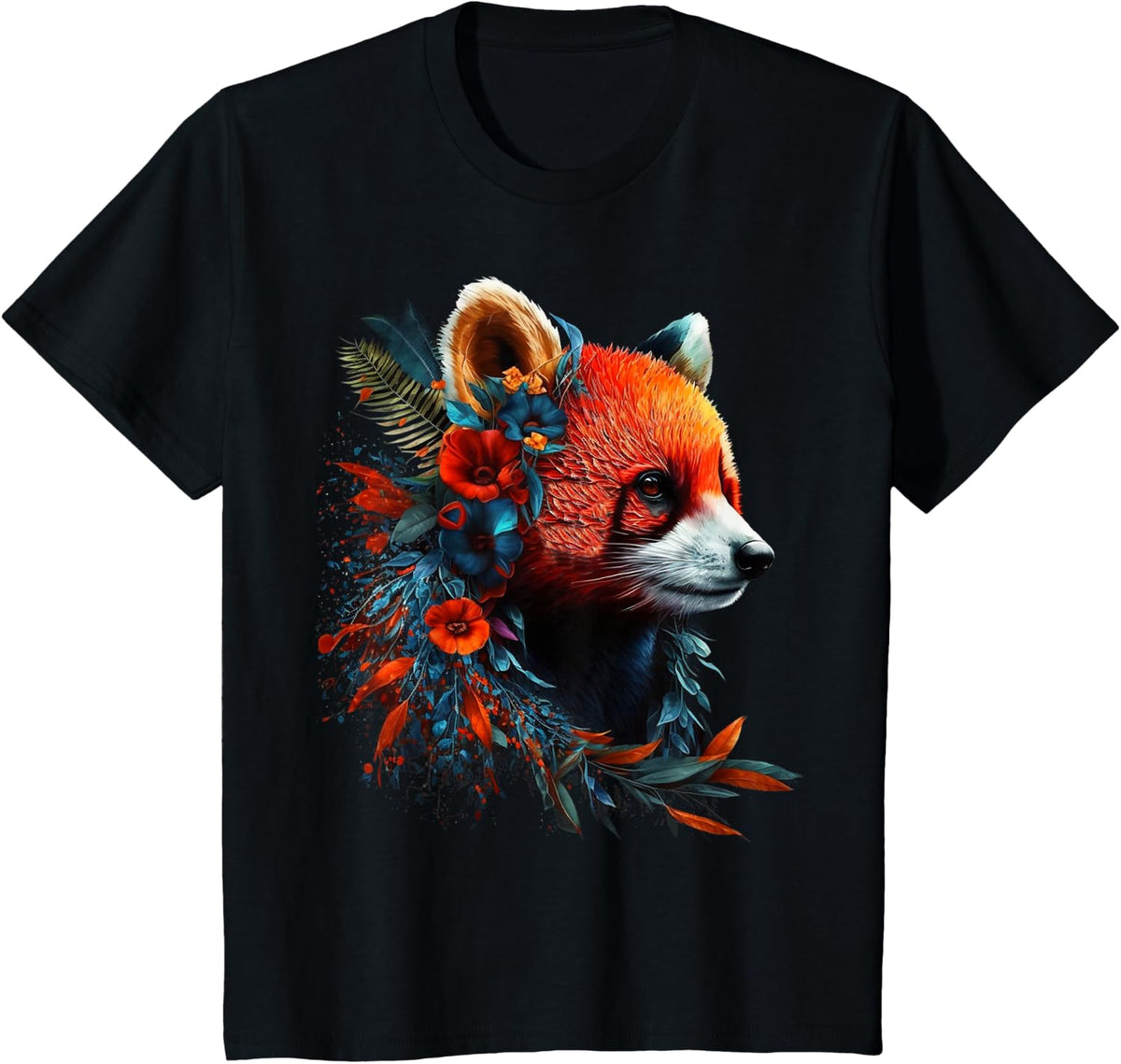 Red Panda Flowers Art Animals Artwork T-Shirt - Black