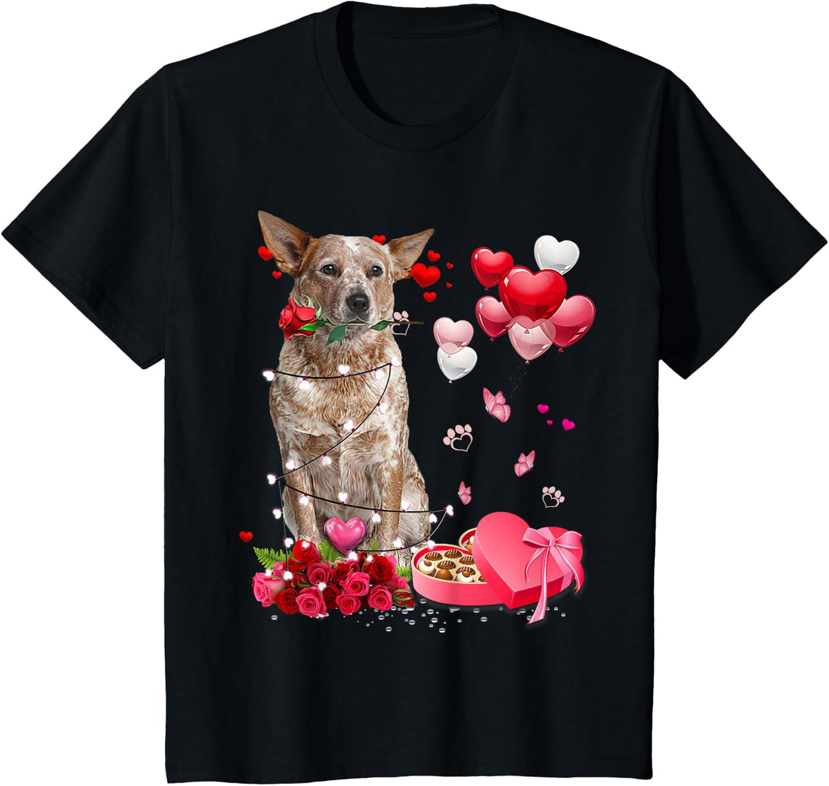 Funny Red Heeler Rose Heart Happy Valentine Day Dog Mom T-Shirt - Black