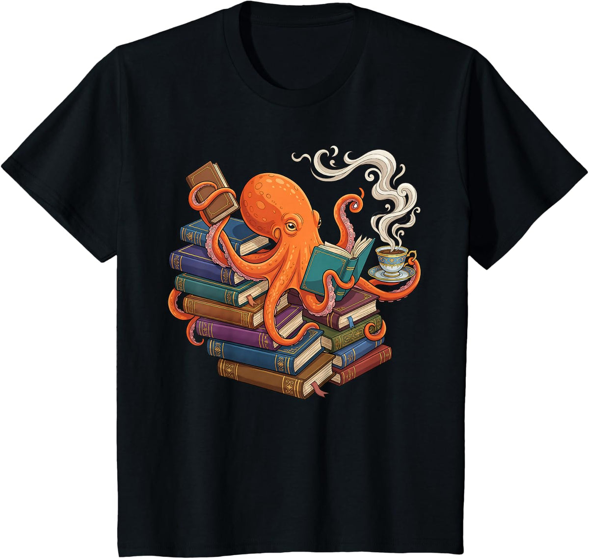 Octopus Reading Book Coffee Lover Bookaholic Bookworm Reader T-Shirt - Black