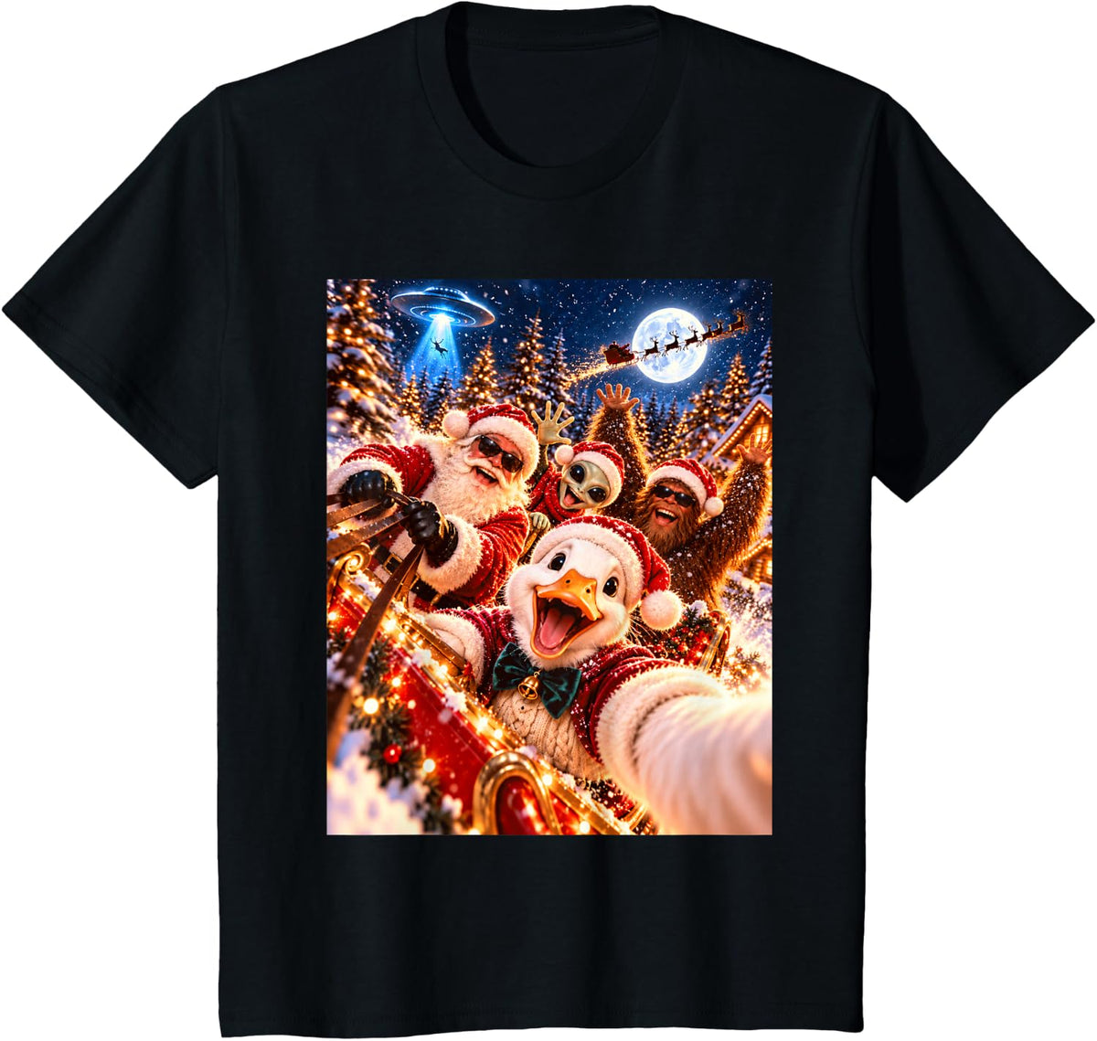 Cheerful Duck Santa Christmas Selfie UFO Graphic T-Shirt - Black