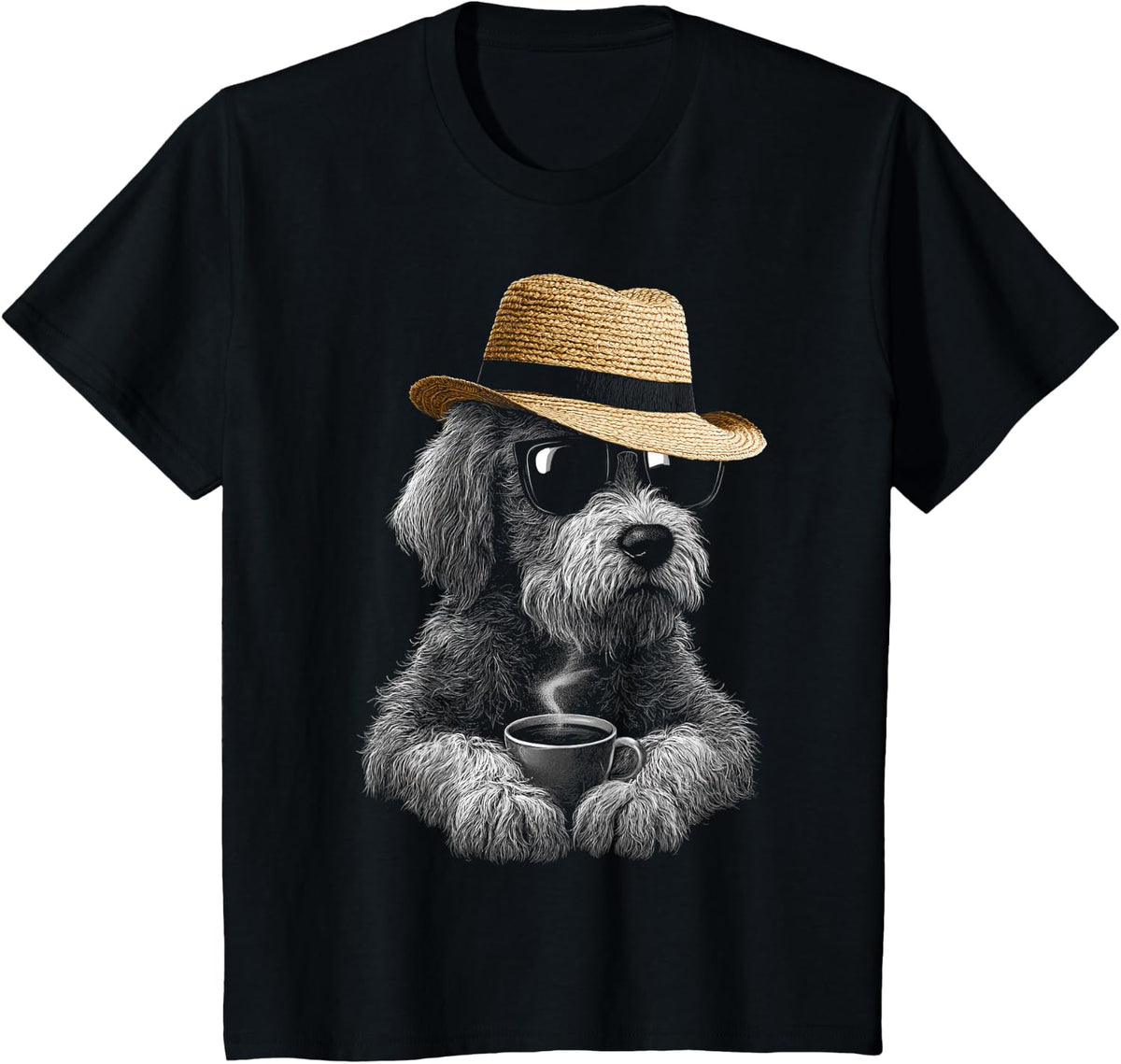 Irish Wolfhound Dog Dad Coffee Illustration Sunglasses T-Shirt - Black