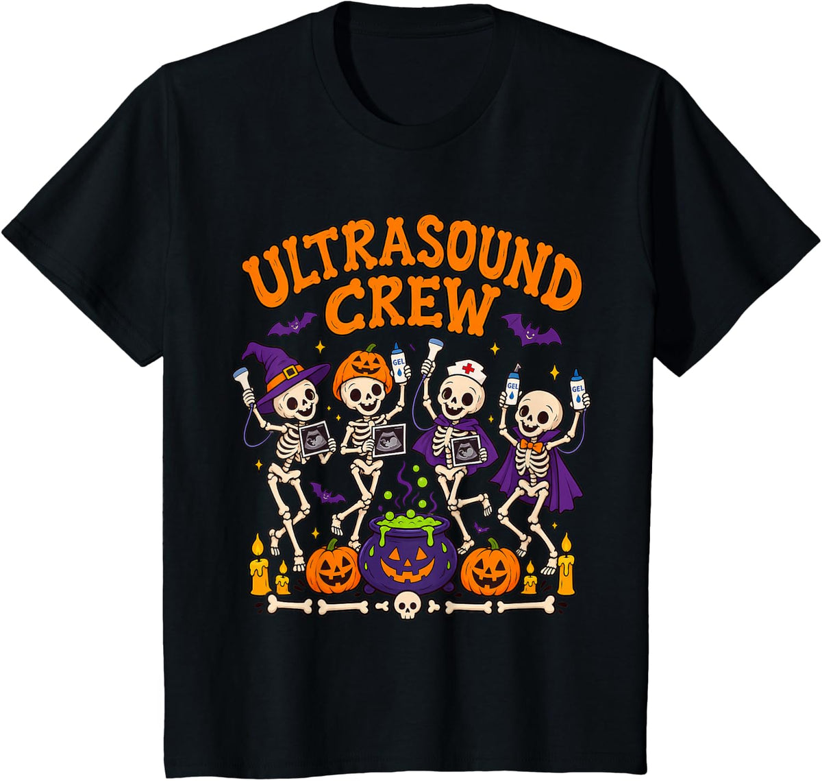 Ultrasound Crew Dancing Skeletons Halloween Party T-Shirt - Black