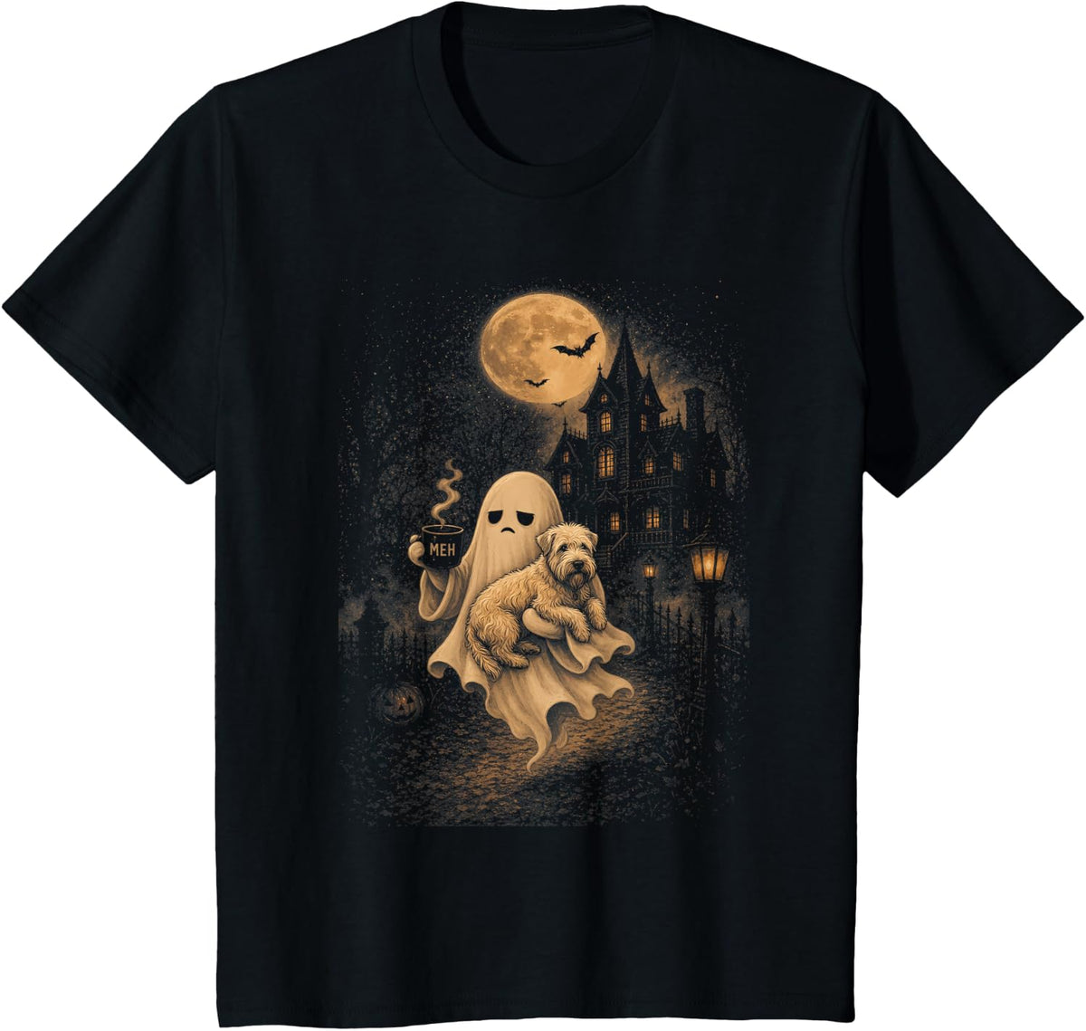 Vintage Soft Coated Wheaten Terrier Ghost Coffee Halloween T-Shirt - Black