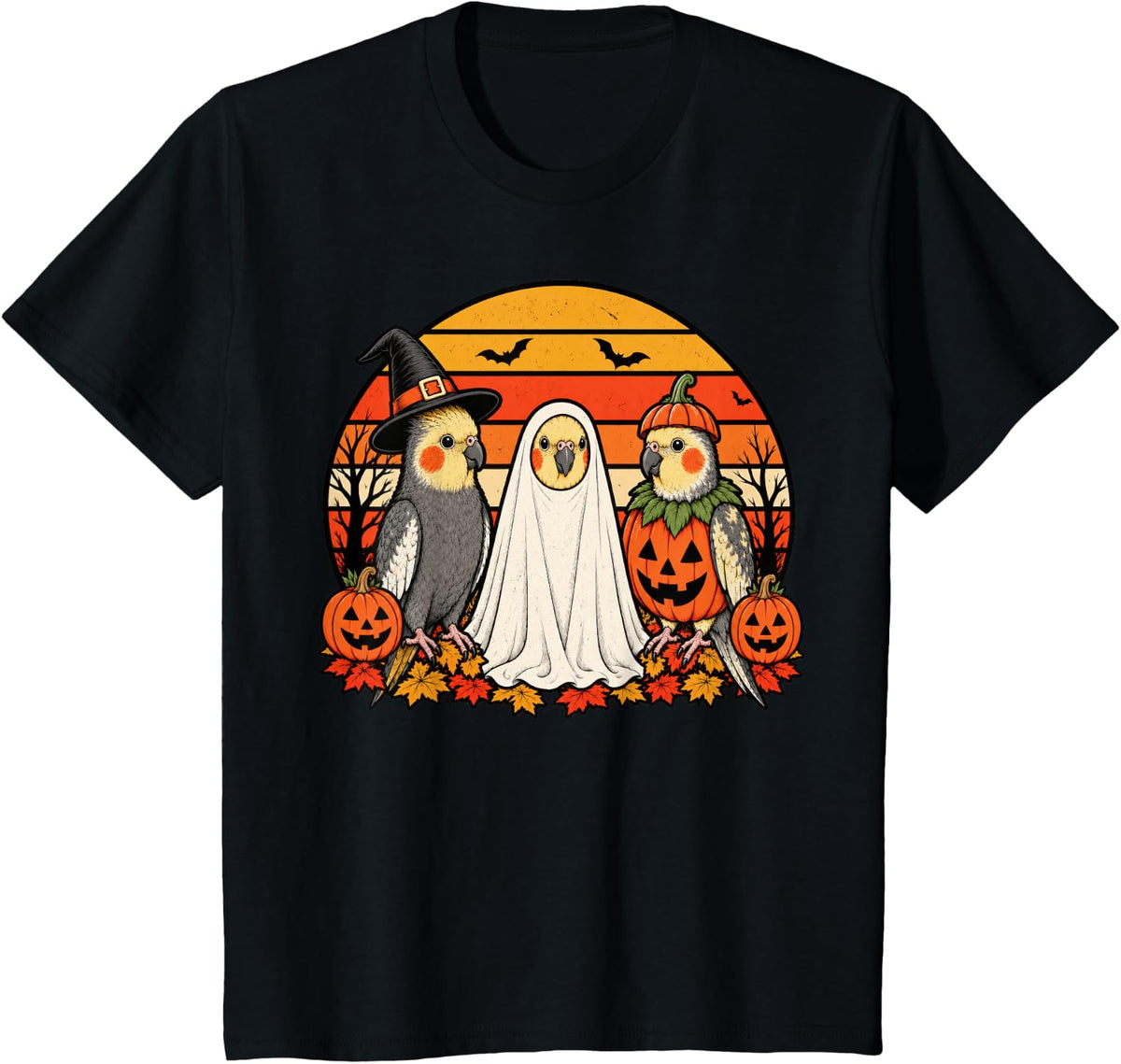 Spooky Cockatiel Pumpkin Ghost Halloween Parrot T-Shirt - Black