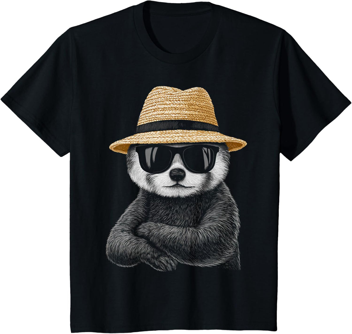 Sunglasses Red Panda Hat Graphic Motif T-Shirt - Black