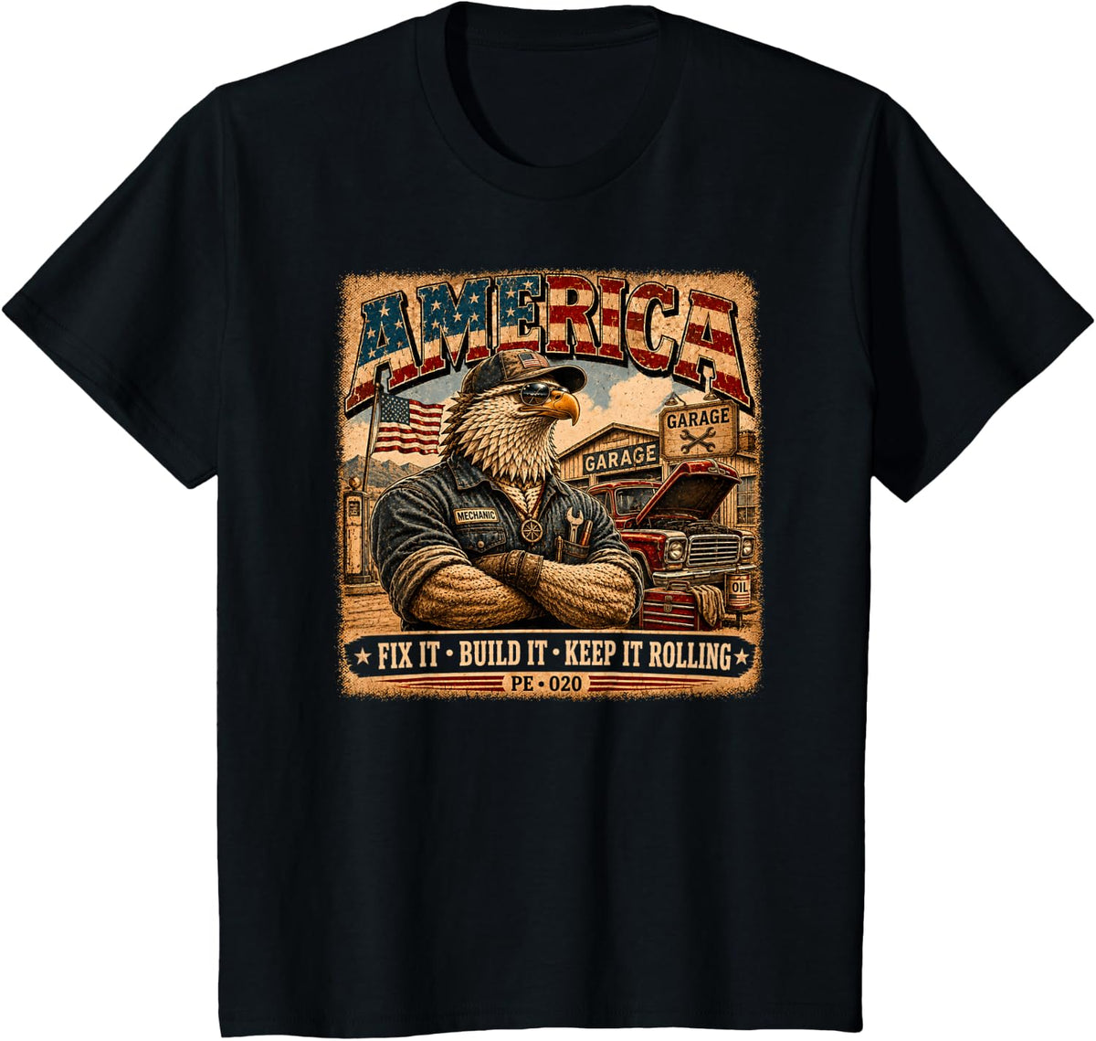 America | Fix and Build | Vintage Eagle Mechanic T-Shirt - Black