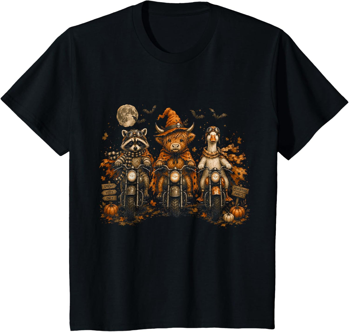 Halloween Raccoon Highland Cow Goose Motorcycle Fall T-Shirt - Black