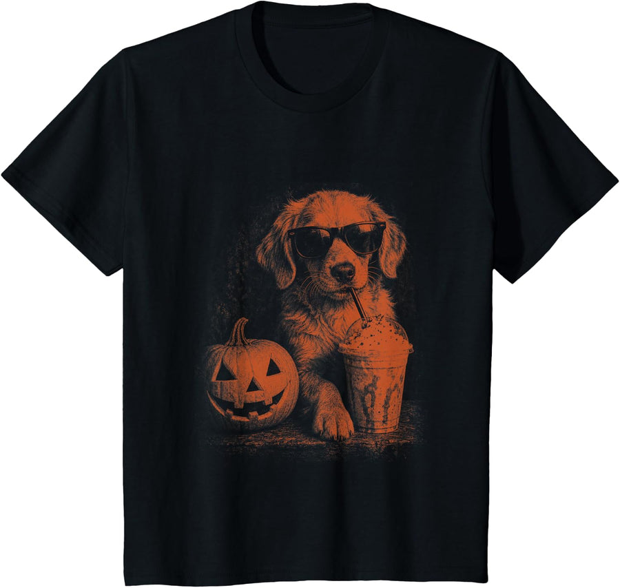 Golden Retriever Halloween Pumpkin Dog Drinking Coffee T-Shirt - Black