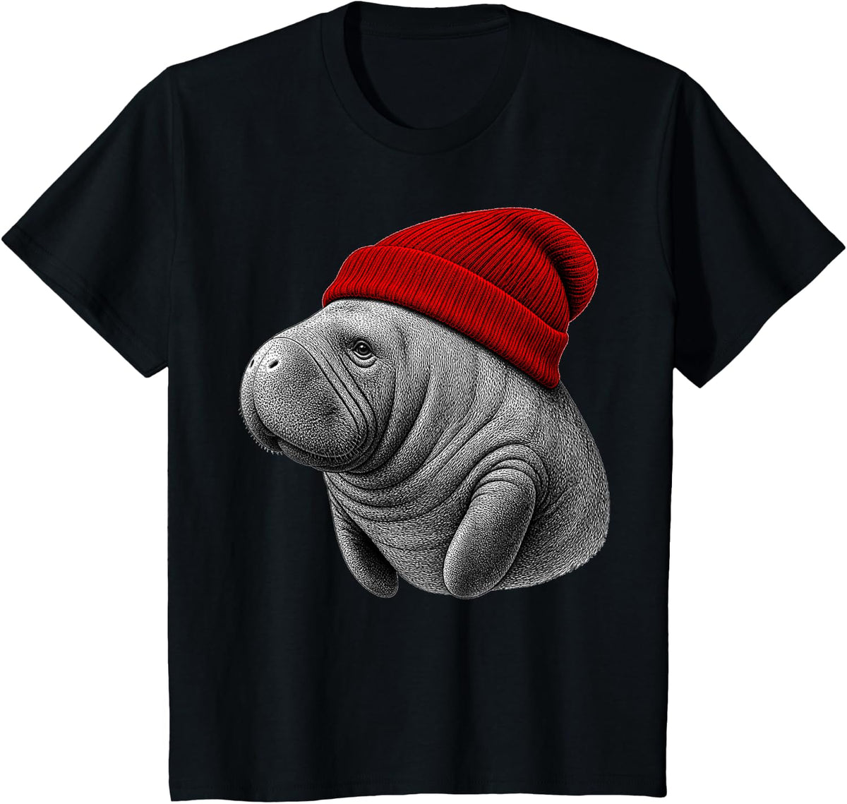 Manatee Wearing Beanie Funny Chill Animal Lover T-Shirt - Black