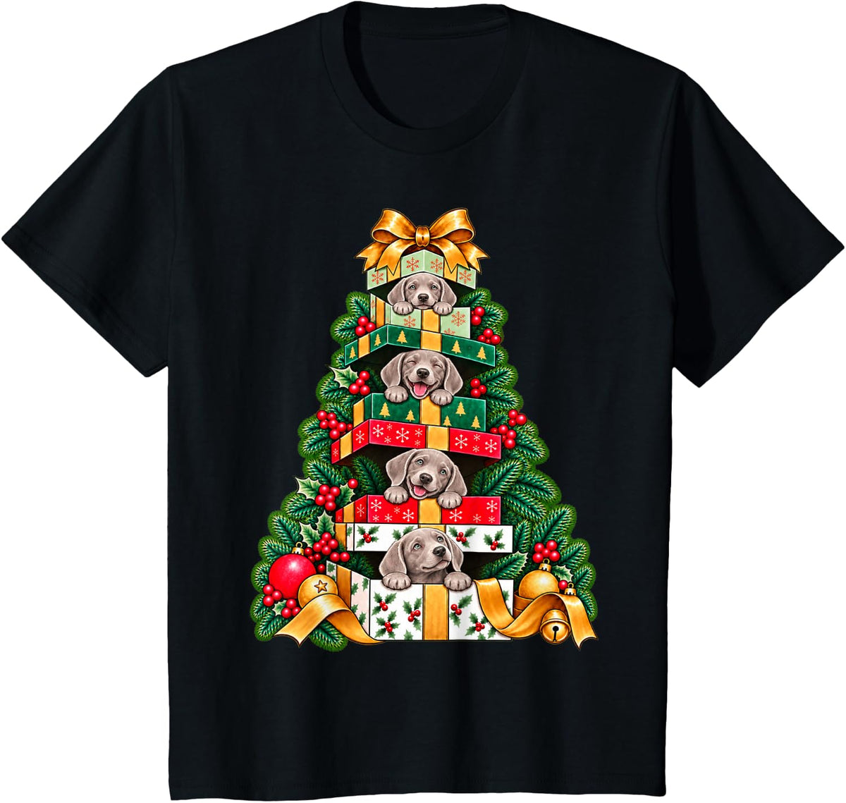 Weimaraner Stacked Wrapped Boxes Holiday Tree Surprise T-Shirt - Black