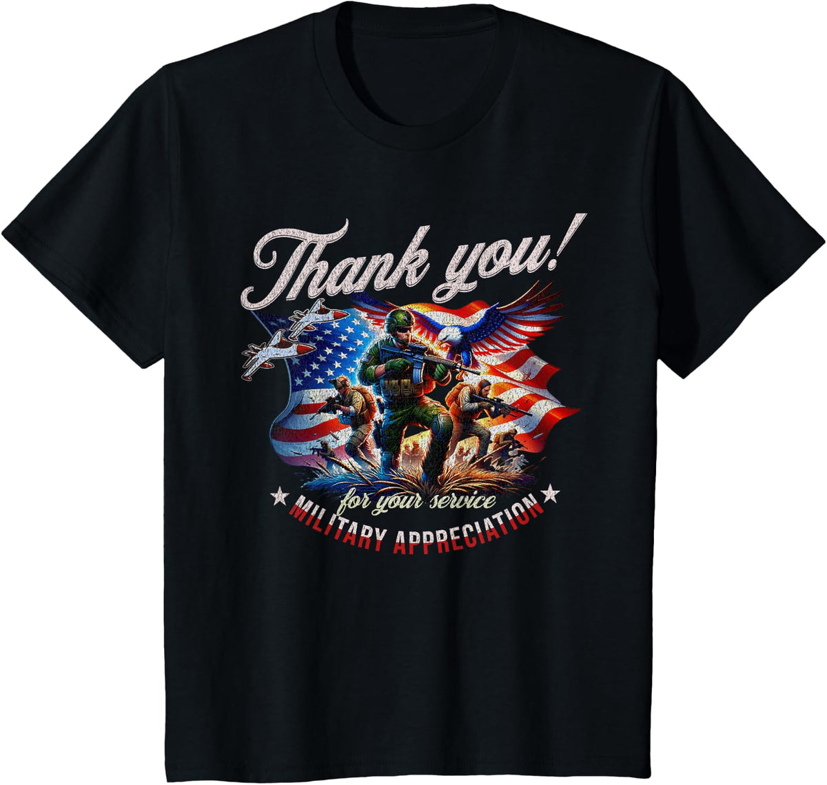 Patriotic USA Flag Military Appreciation Thank You Military T-Shirt - Black