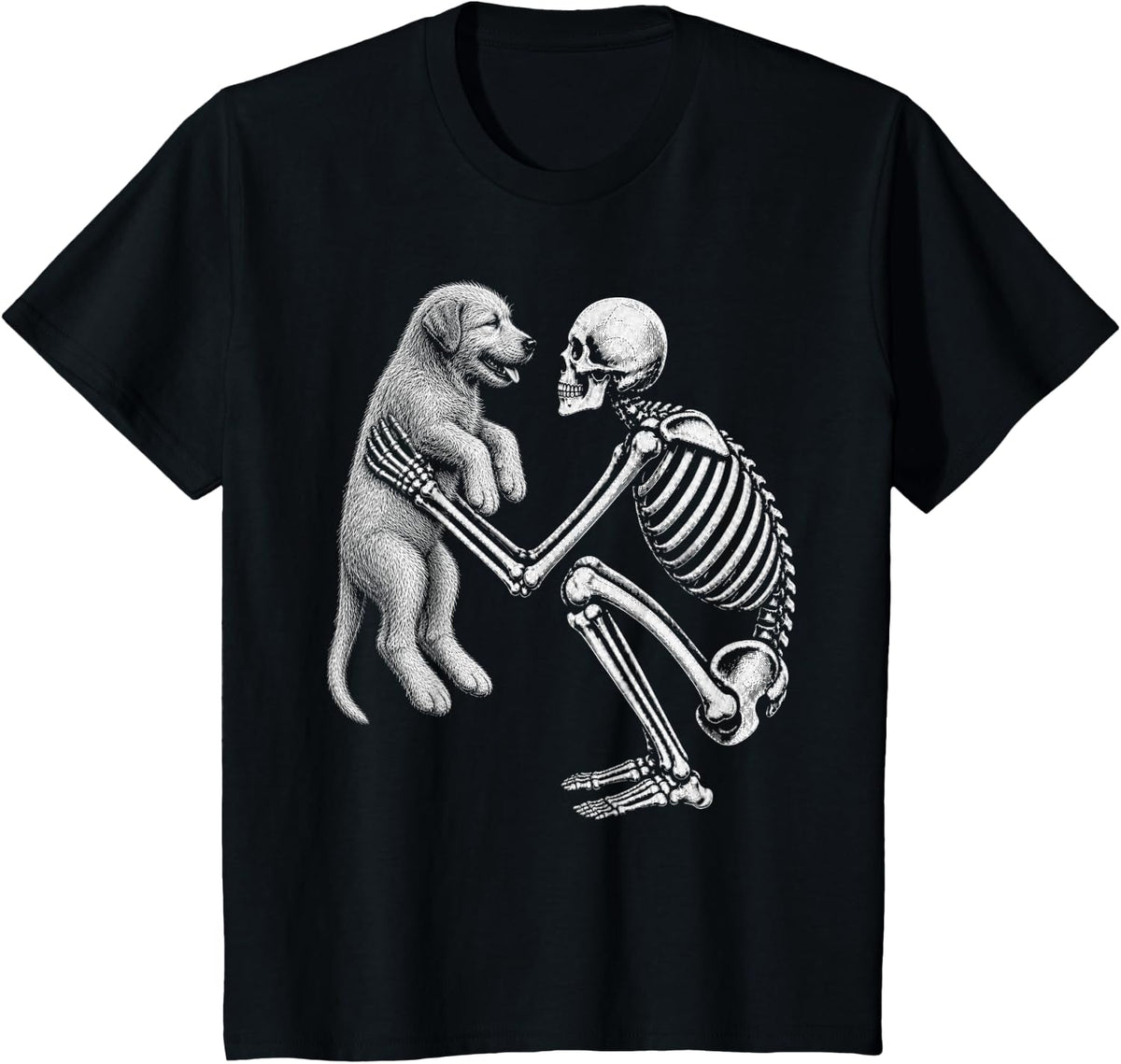 Skeleton Holding Irish Wolfhound Retro Halloween Dog T-Shirt - Black