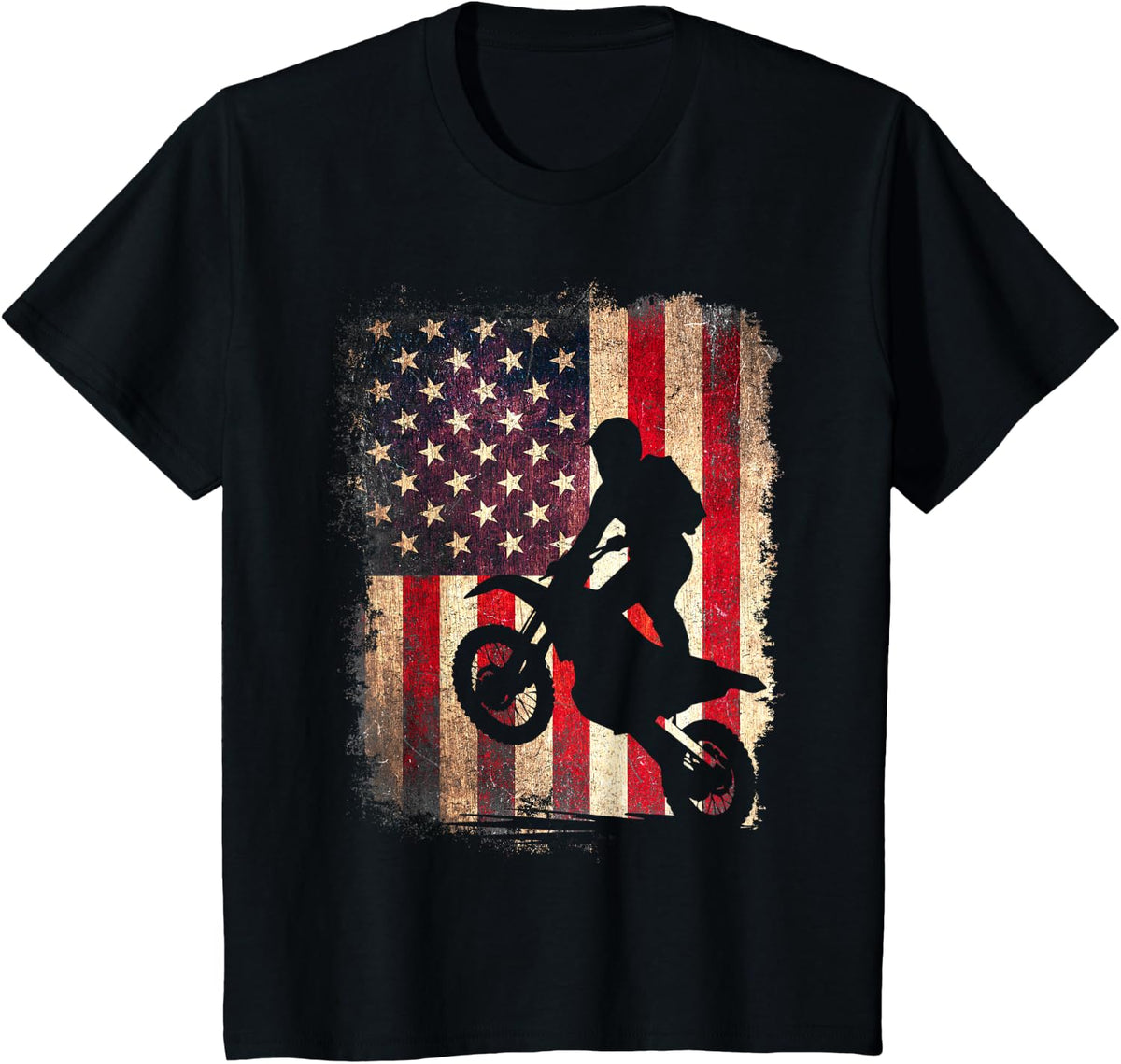 Dirt Bike American Flag Motocross Biker 4th of July USA T-Shirt - Black
