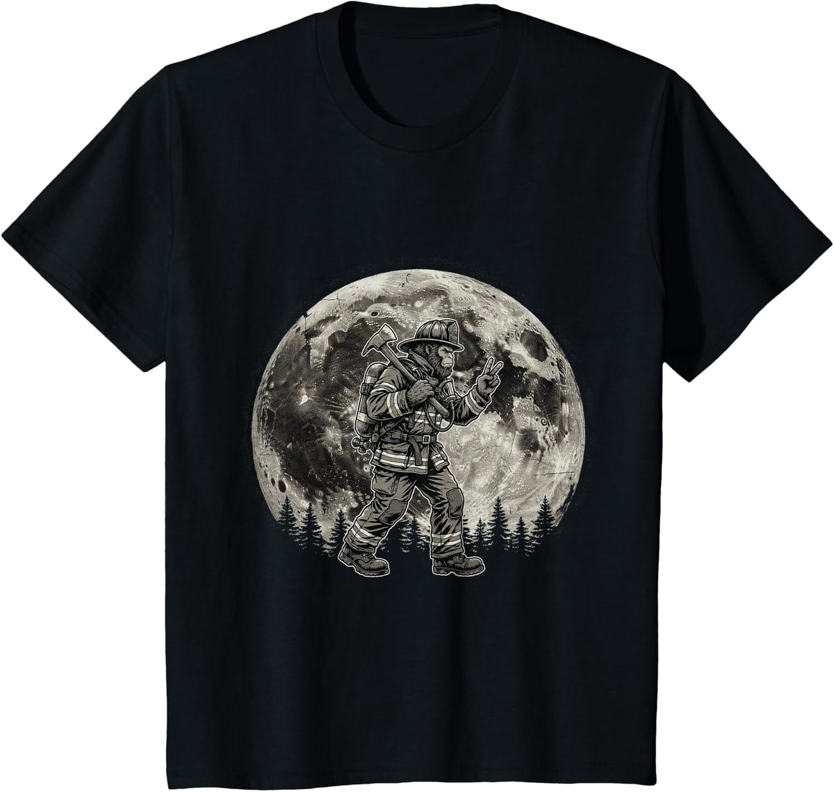 Firefighting Retro Bigfoot Firefighter Sasquatch Fireman T-Shirt - Black