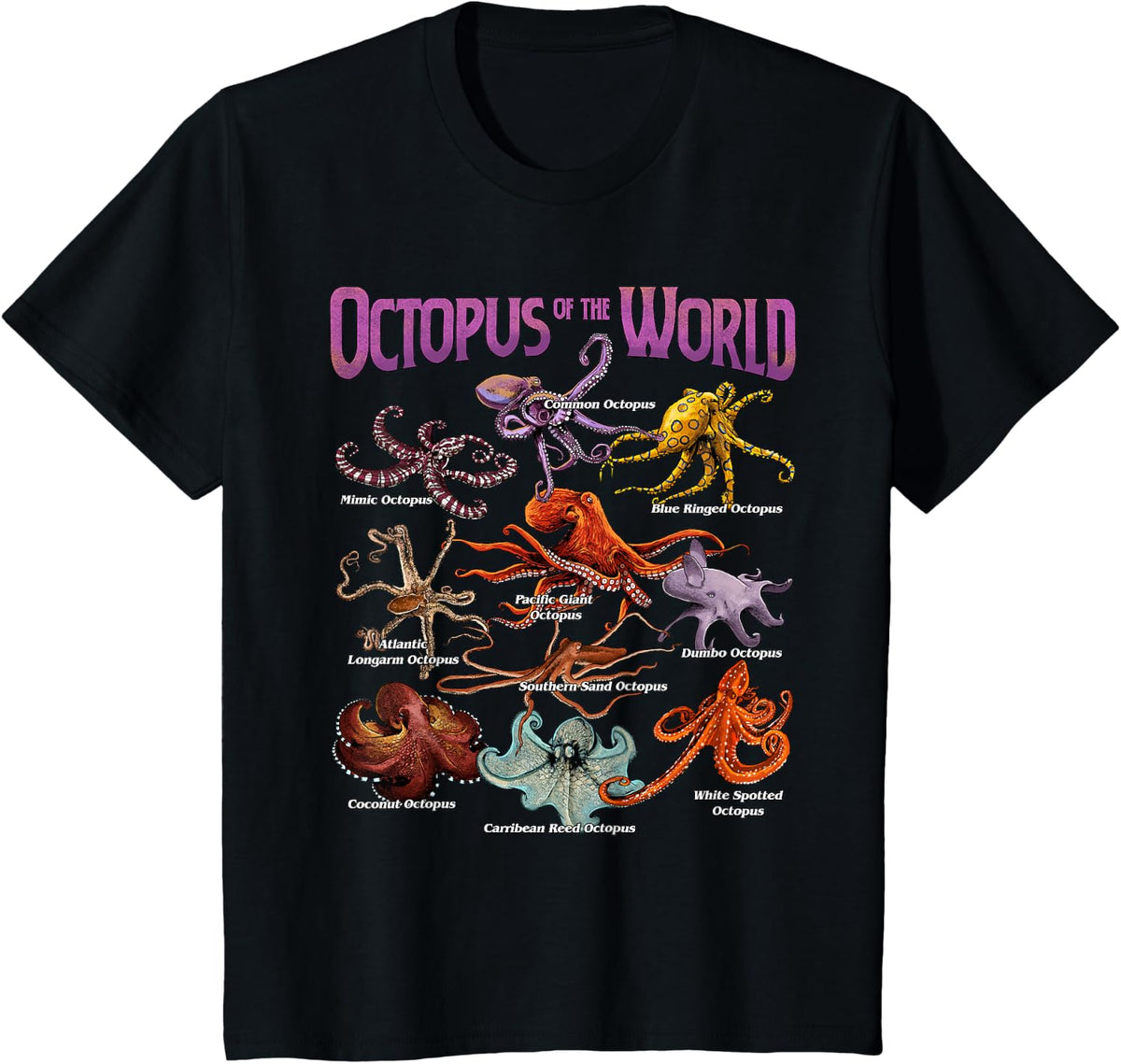 Octopus of the World Sea Animal Educational Octopus Lover T-Shirt - Black