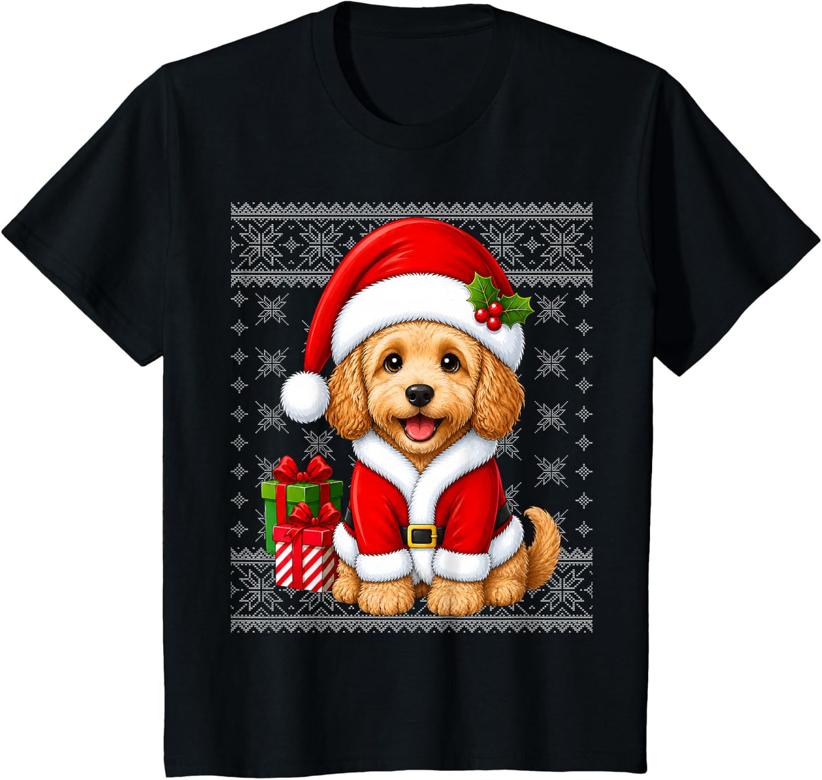 Cockapoo Dog in Christmas Santa Costume Ugly Sweaters Xmas T-Shirt - Black