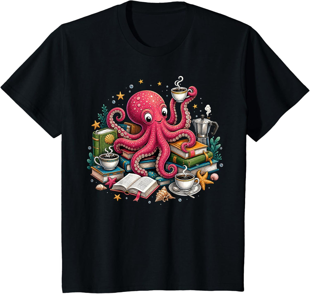 Octopus with Coffee and Books for Readers T-Shirt - Black