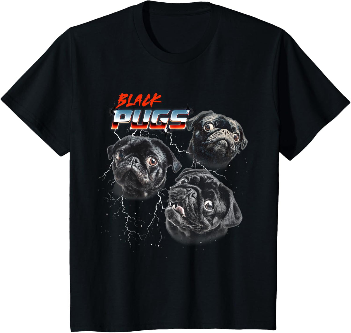 Mens Womens 80s Heavy Metal Rock Band Black Pug Dog Lover T-Shirt - Black