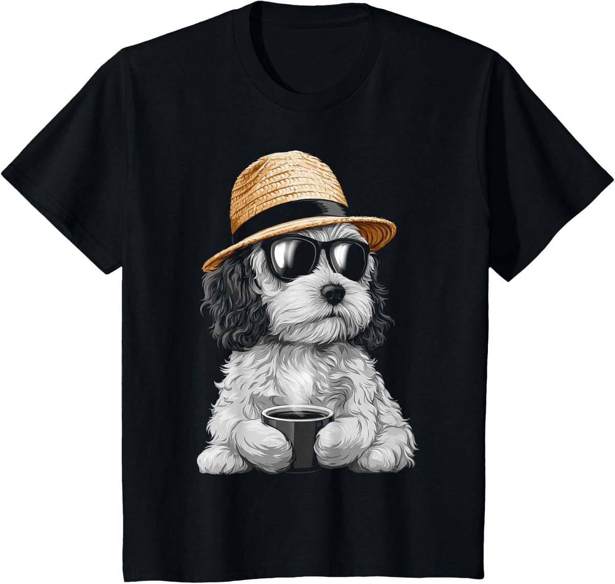 Funny Cockapoo Dog Coffee Graphic Sunglasses Motif T-Shirt - Black
