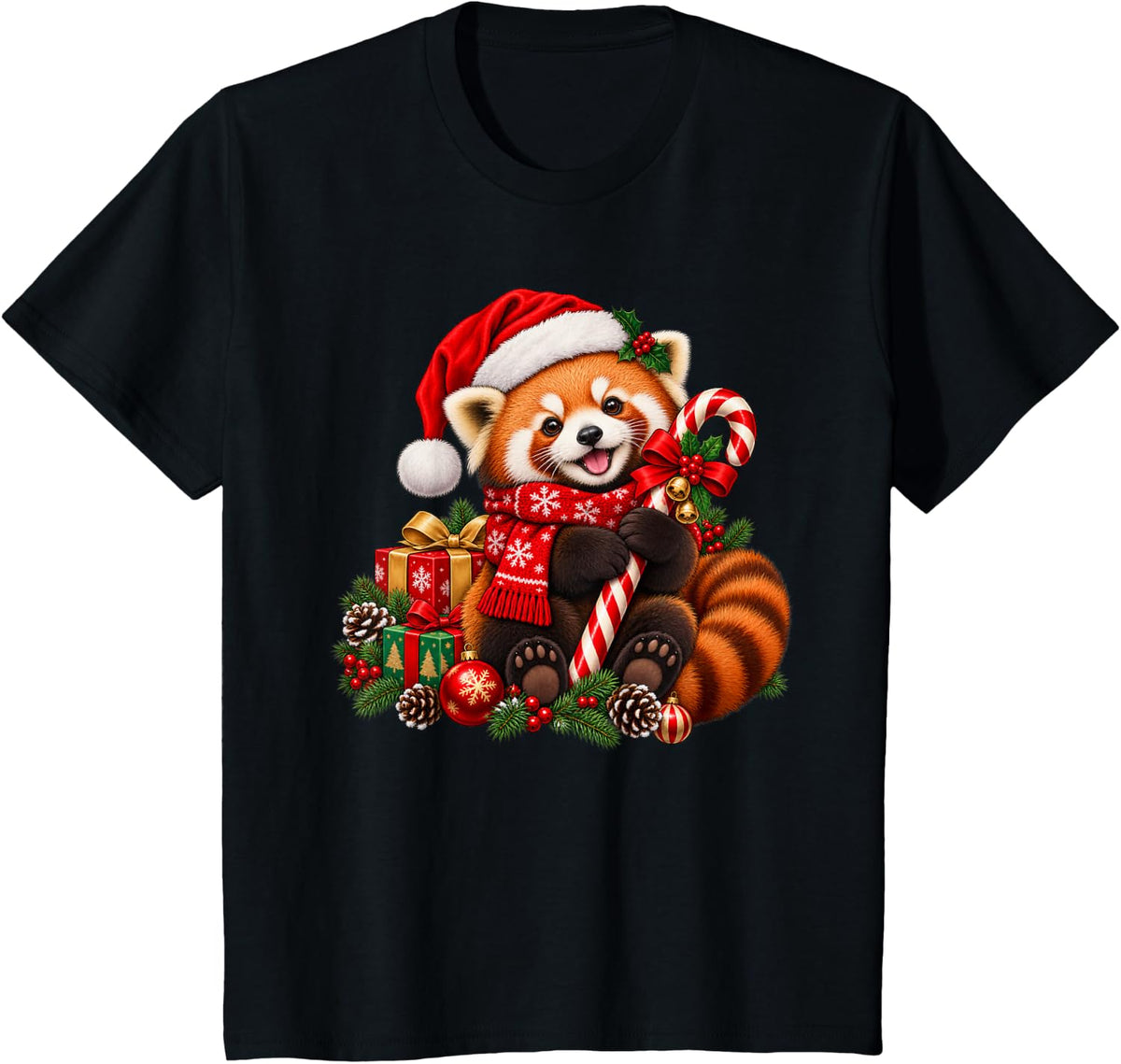 Red Panda Christmas Xmas T-Shirt - Black