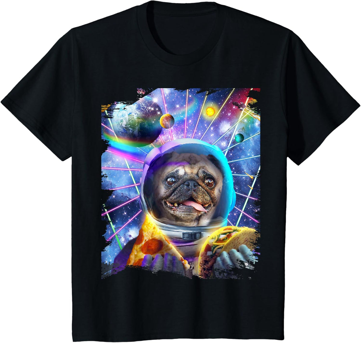 Dog Pug Astronaut In Space Eating Pizza Taco T-Shirt - Black