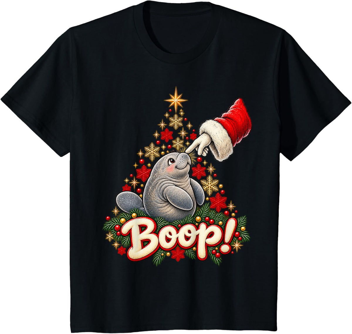 Boop! Happy Manatee Christmas Nose Boop T-Shirt - Black