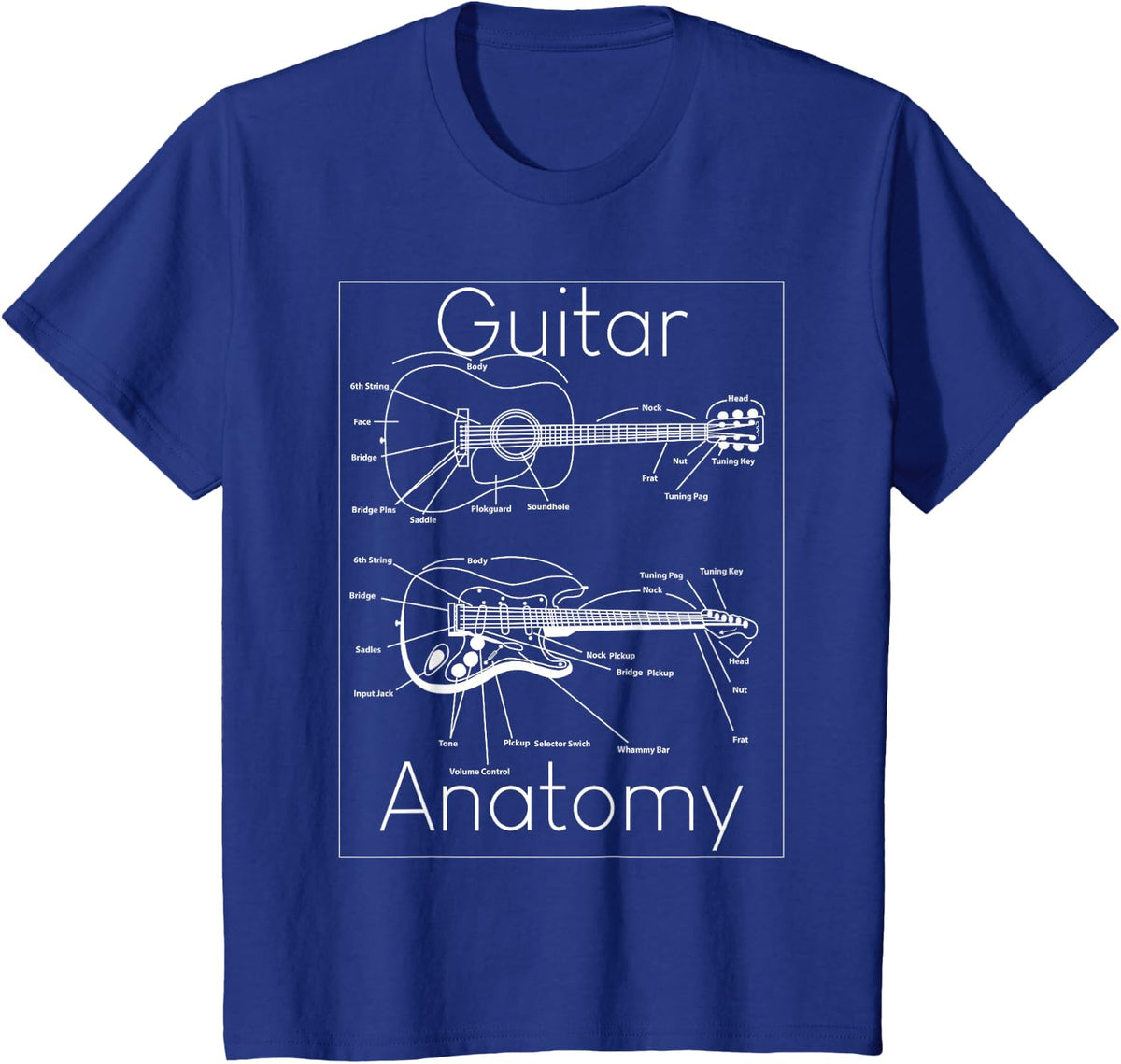 Guitar Anatomy Shirt Acoustic Rock Fun Graphic Gift Tee T-Shirt - Royal Blue