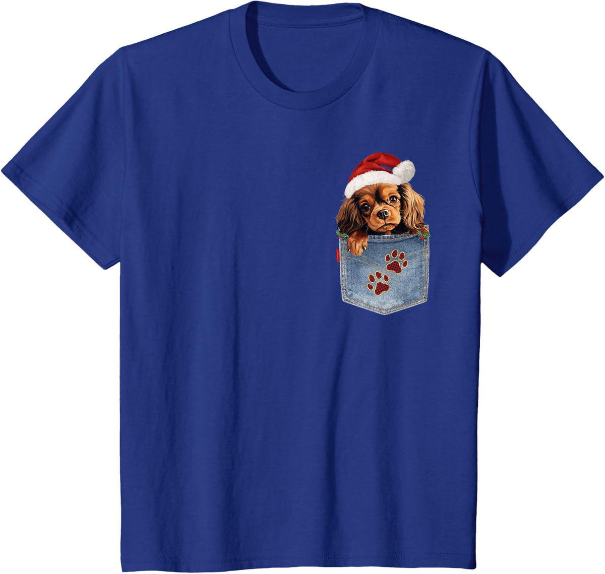 Ruby Cavalier King Charles Spaniel Peeking Christmas Santa T-Shirt - Royal Blue