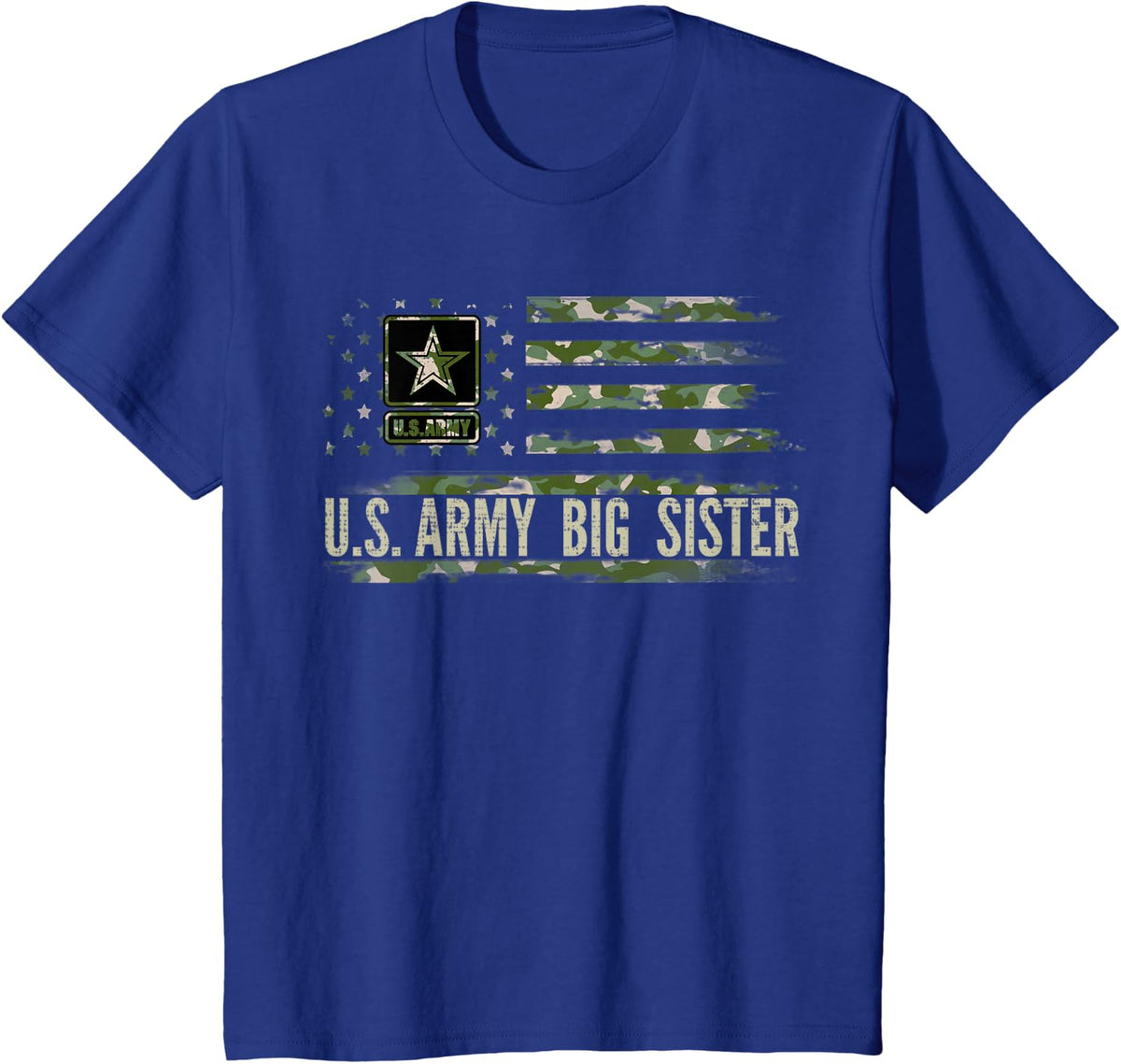 Vintage U.S Army Big Sister With Camo American Flag Veteran Women Kids Men T-Shirt - Royal Blue