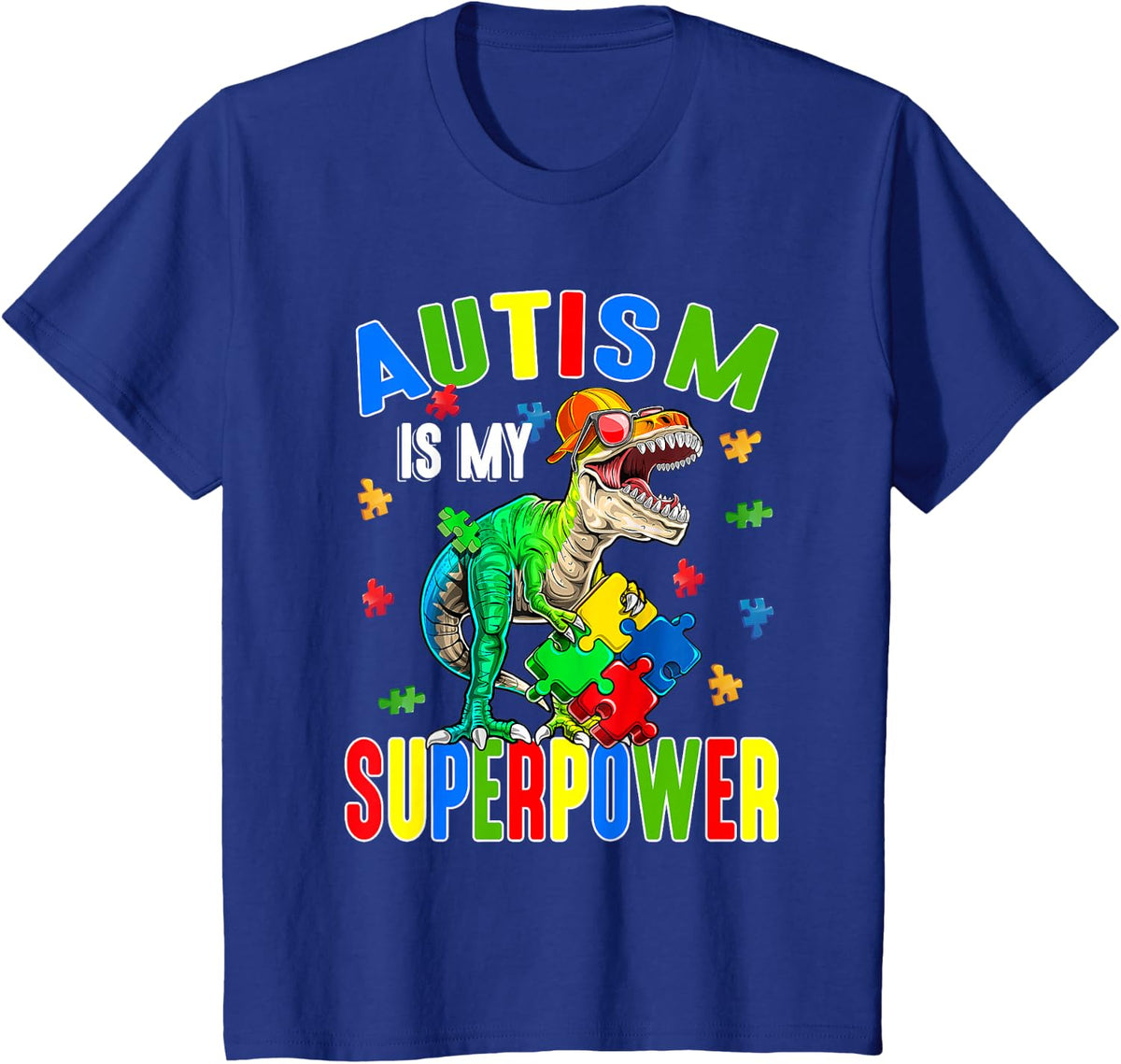 T Rex Dinosaur Autism Is My Superpower Autism Awareness Kids T-Shirt - Royal Blue