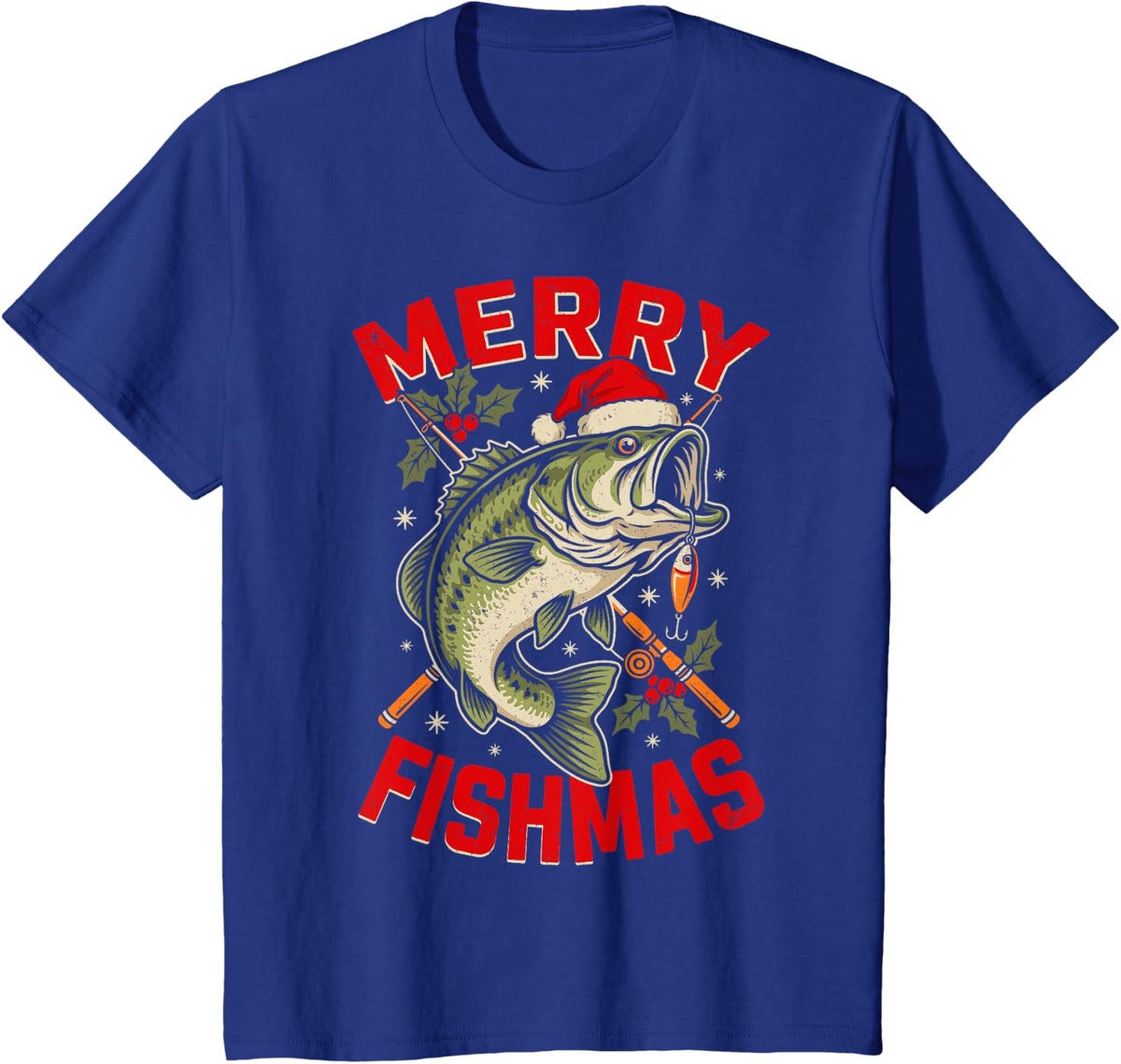 Merry Fishmas Bass Fish Santa Angler Christmas T-Shirt - Royal Blue