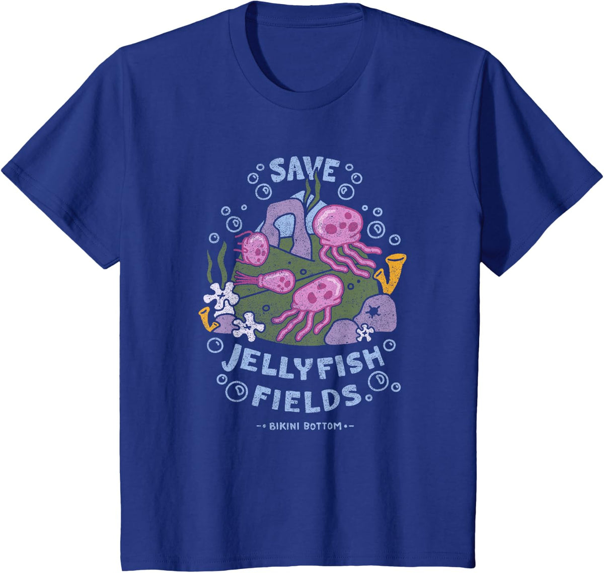 Spongebob Squarepants Save Jellyfish Fields Bikini Bottom T-Shirt - Royal Blue