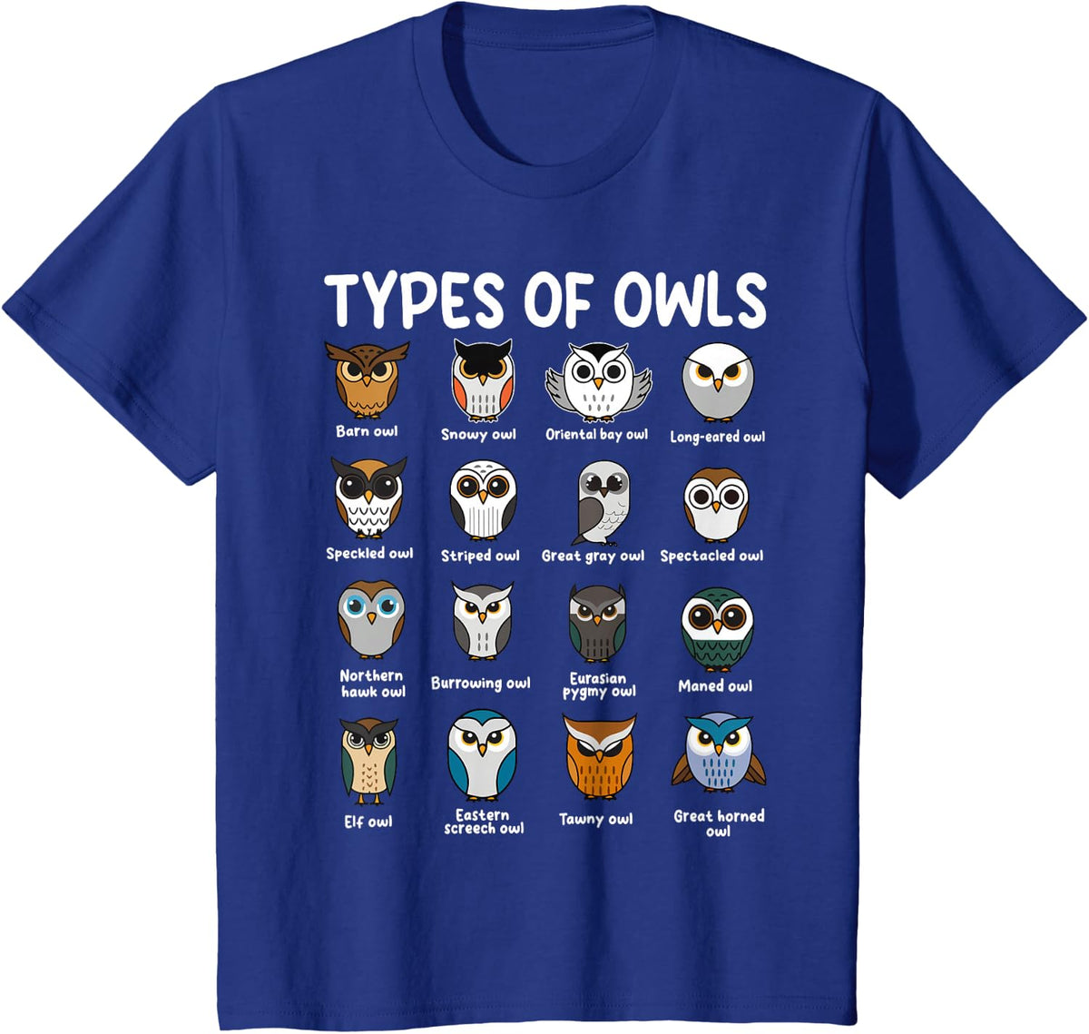 Types of Owls Cute Bird Species Educational Chart Graphic T-Shirt - Royal Blue