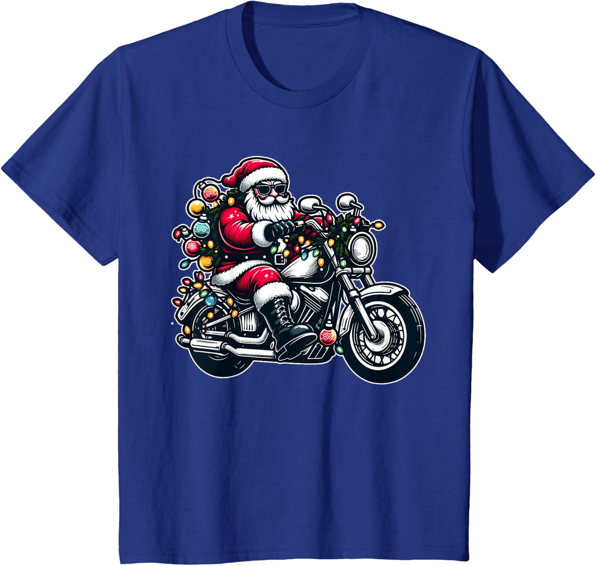 Santa Claus on Motorcycle Funny Biker Christmas Xmas Lights T-Shirt - Royal Blue