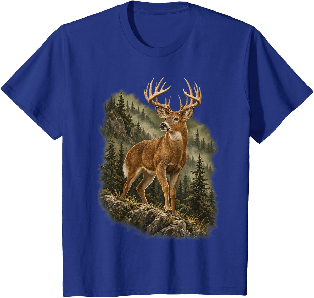 White-Tailed Buck Deer in Forest Wildlife Art T-Shirt - Royal Blue