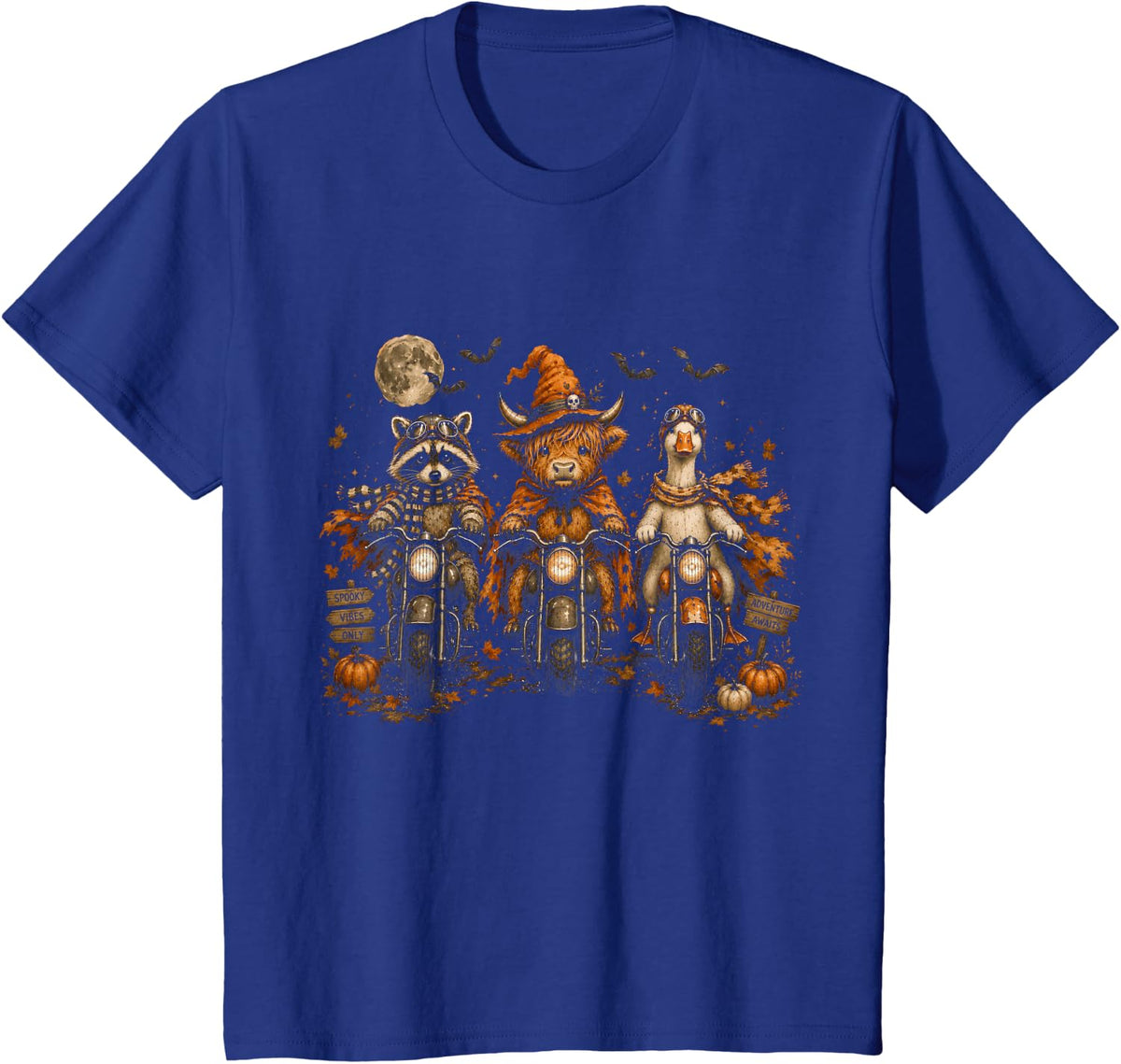 Halloween Raccoon Highland Cow Goose Motorcycle Fall T-Shirt - Royal Blue