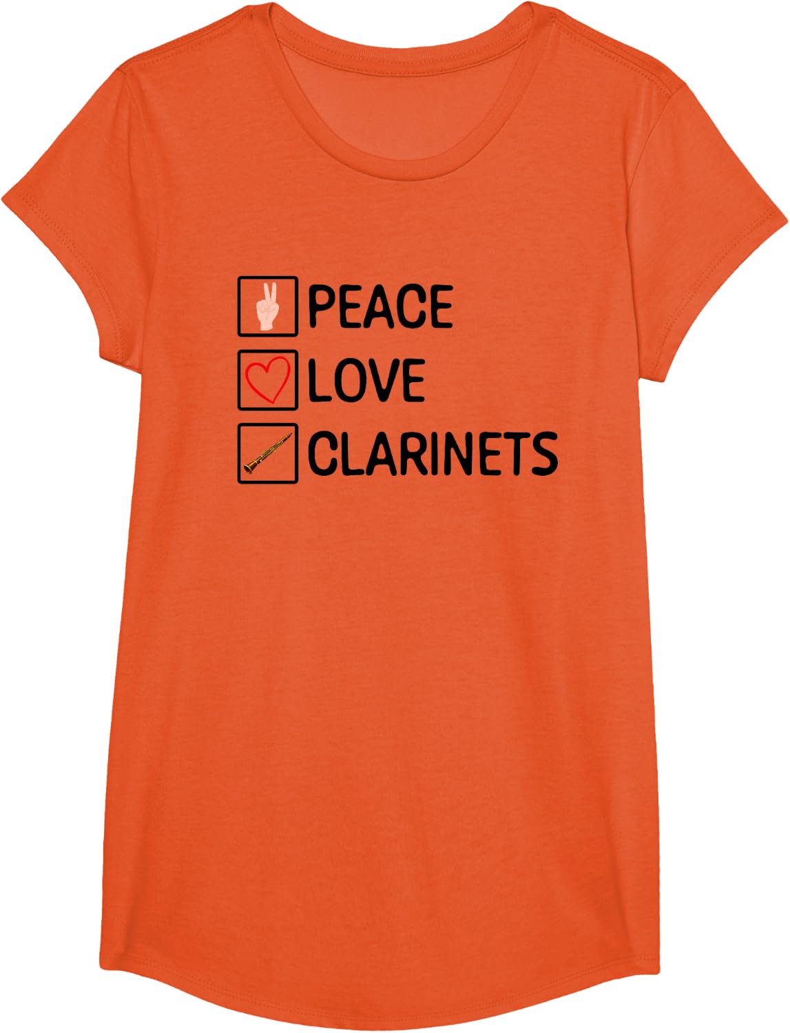 Peace Love Clarinets Funny Clarinet Lover, Player T-Shirt - Girls Orange
