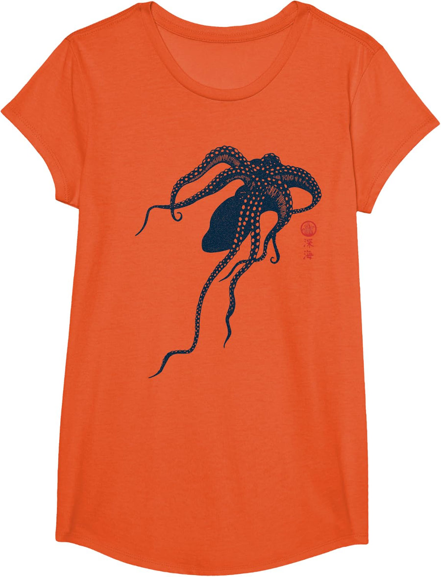Japanese Octopus Shirt Vintage Kraken Aesthetic Asian Art Tees T-Shirts - Girls Orange