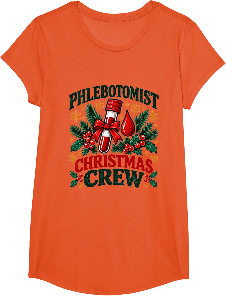 Phlebotomist Christmas Crew Lab Holiday Squad Graphic T-Shirt - Girls Orange