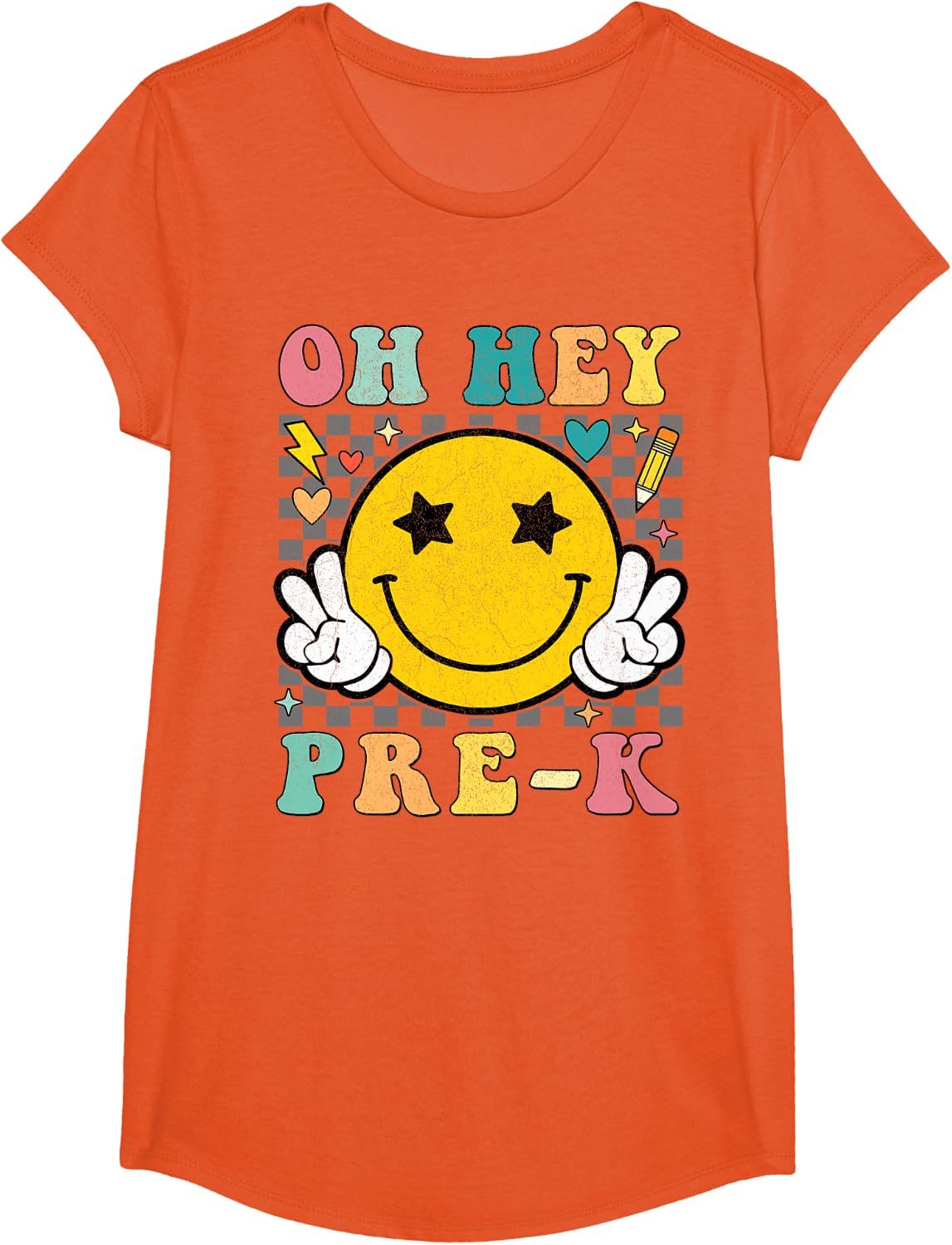 Oh Hey PreK Retro Smile Face Team Preschool Back to School T-Shirt - Girls Orange