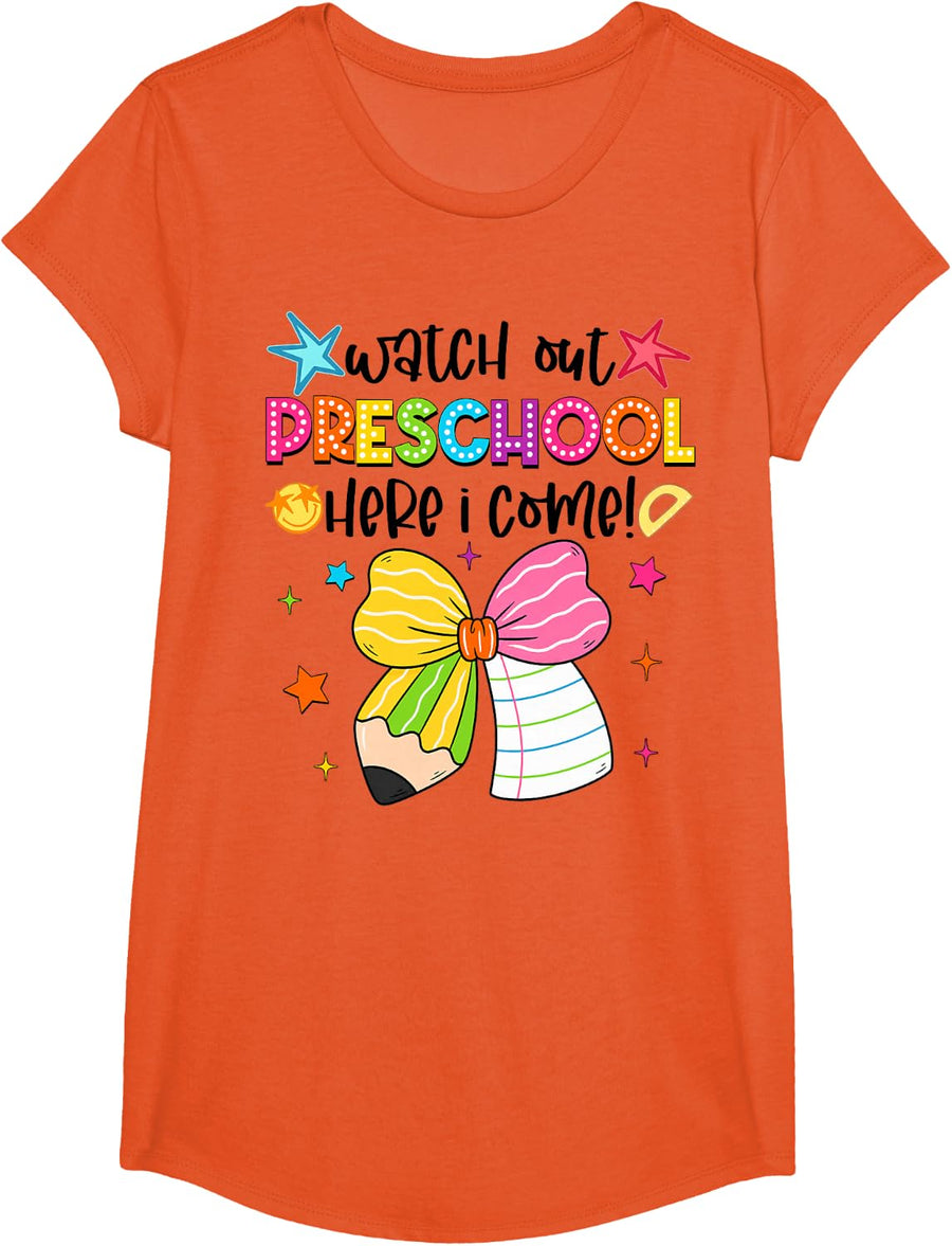 Back to School Preschool Bow Teacher Girl Kid T-Shirt - Girls Orange